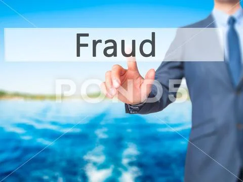Fraud - Businessman hand pressing button on touch screen interfa Stock Photos