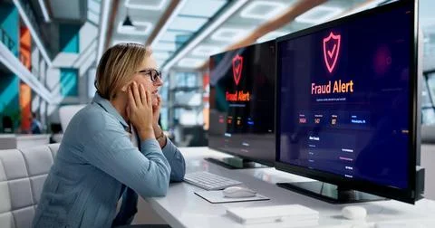 Fraud Investigator Analyzing Security Alert Screen On Computer In Office Stock Photos