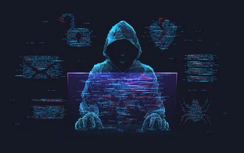 Fraud or scam background. Abstract hacker with programmer code. Illustrazione stock