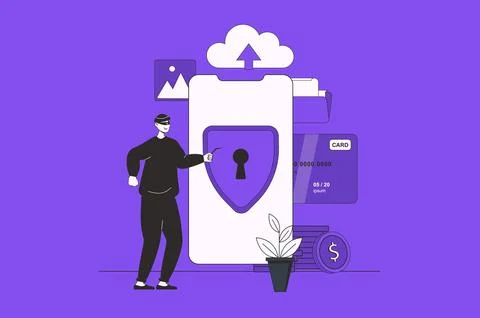 Fraud protection web concept with character scene in flat design. People usin Stock Illustration