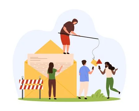 Fraud, scam and phishing with emails, tiny thief sitting on open envelope to Stock Illustration