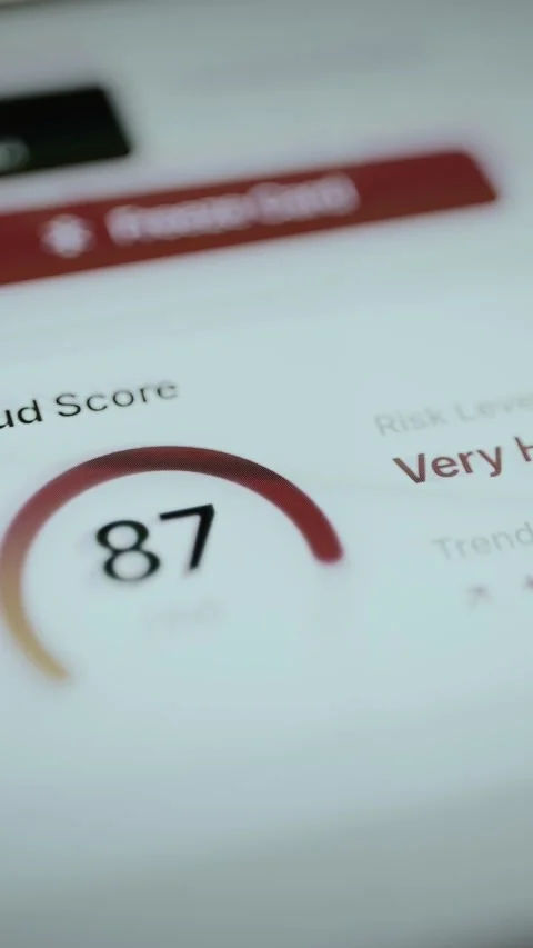 Fraud score 87 beside very high risk text Stock Footage 345488686