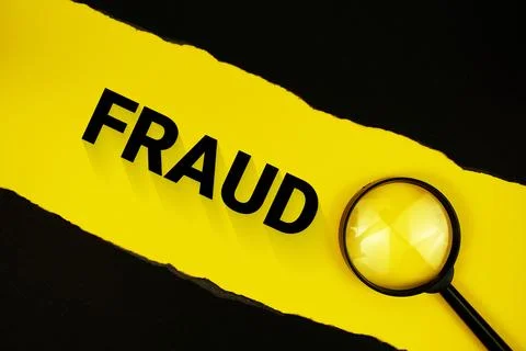 Fraud text on yellow with black paper torn ripped and magnifying glass Stock Photos