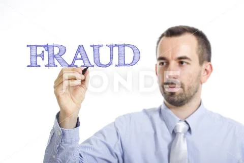 FRAUD - Young businessman writing blue text on transparent surface Stock Photos