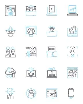 Fraudsters linear icons set. Deceit, Scam, Swindle, Sham, Trickster, Con-artist Stock Illustration