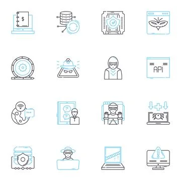 Fraudsters linear icons set. Deceit, Scam, Swindle, Sham, Trickster, Con-artist Stock Illustration