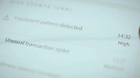 Fraudulent pattern alert marked high at 14:32 Stock Photos