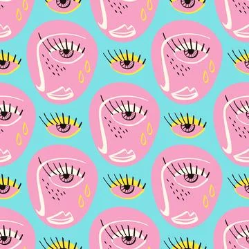 Freaky Abstract sad face seamless pattern. Valentine's Day Funky Bizarre face 库存插图