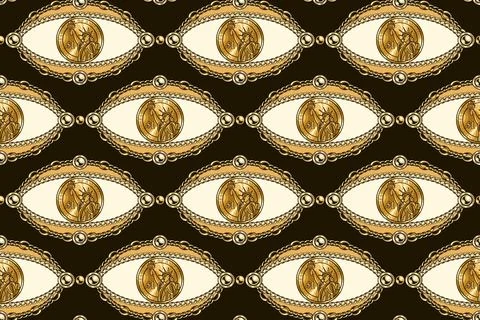Freaky money pattern with ellipses like eyes with gold coins, chains. Stock Illustration