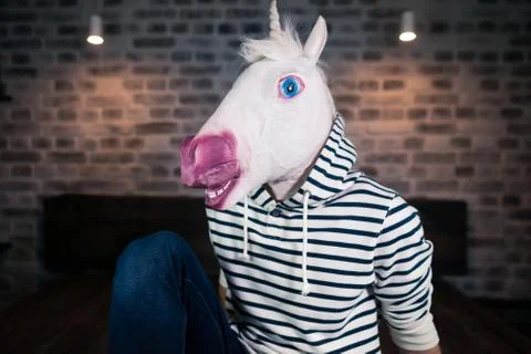 Freaky young man in comical mask in stylish apartment. Funny unicorn Stock Photos