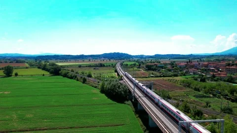 Freccia Argento fast train drone flight view-Valdichiana passes by Tuscany Italy Stock-Footage 237875274