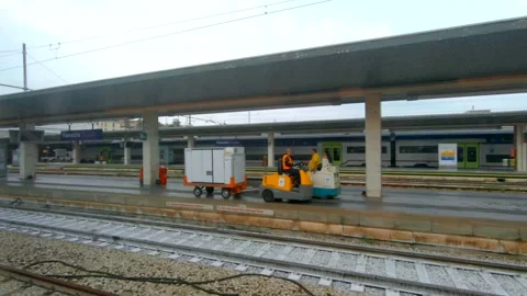 Frecciarossa Express Train Window View arriving at Venice Station, Italy, Europe Stock Footage 144130468