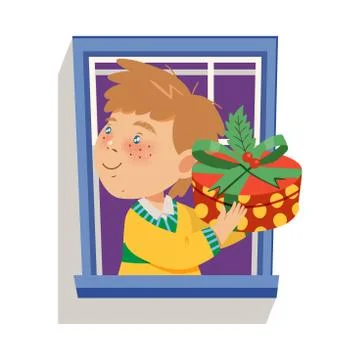 Freckled Boy in the Window Holding Wrapped Gift Box with Ribbon Bow Vector Stock Illustration