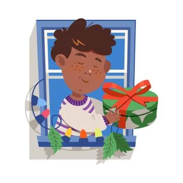 Freckled Boy in the Window Holding Wrapped Gift Box with Ribbon Bow Vector Stock Illustration