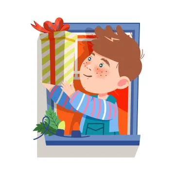 Freckled Boy in the Window Holding Wrapped Gift Box with Ribbon Bow Vector Stock Illustration