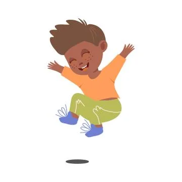 Freckled Dark Haired Boy Jumping with Joy and Excitement Vector Illustration Stock Illustration