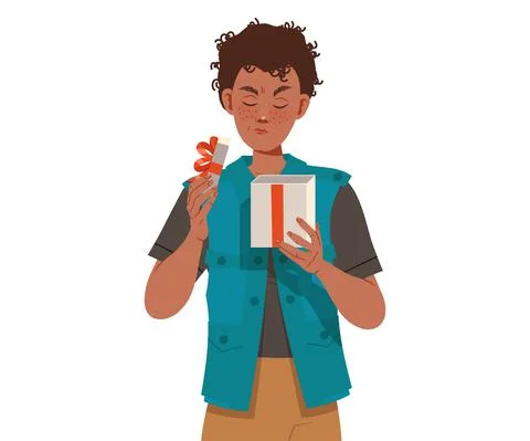 Freckled Man Opening Gift Box Frowning with Dissatisfaction Vector Illustration Stock Illustration