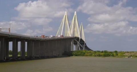 Fred Hartman Bridge Spanning Houston Ship Channel Aerial Drone Stock Footage 194099313