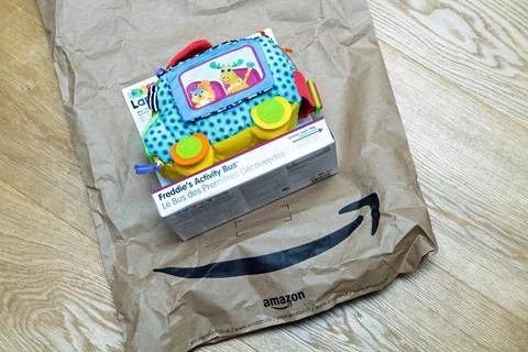 Freddie's activity bus on Amazon packaging Stock Photos