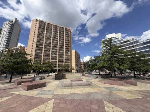 Frederick Douglass Circle in Manhattan features a spacious urban plaza. Stock Photos