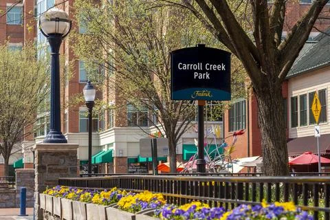 Frederick, MD, USA 04-07-2021: Vista of the popular Carroll Creek city park i Stock Photos