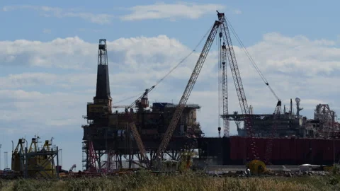Frederikshavn, Denmark: August 22, 2026: Offshore oil rig platform at shipyard Stock Footage 343861595