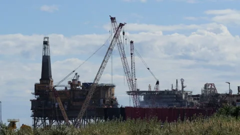 Frederikshavn, Denmark: August 22, 2026: Offshore oil rig decommissioning yard Stock Footage 343864152