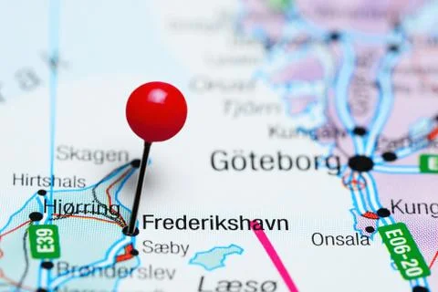 Frederikshavn pinned on a map of Denmark Stock Photos