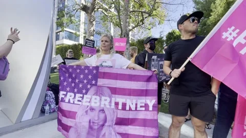 Free Britney activists carry flags outside at The Tri Star Rally Stock Footage 185659909