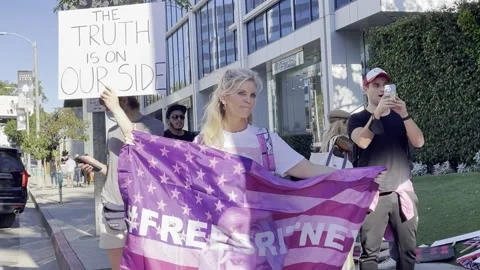 Free Britney protesters, flags and signs outside the Tri Star rally Stock Footage 185659387
