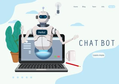 Free Chat Bot, Robot Virtual Assistance On Laptop Say Hello Concept Web Page Illustrazione stock