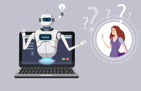 Free Chat Bot, Robot Virtual Assistance On Laptop Say Hello Element Of Website Stock Illustration
