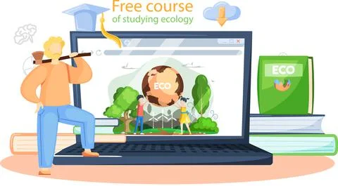 Free course of studying ecology vector banner. Ecologist scientist taking care Stockillustratie