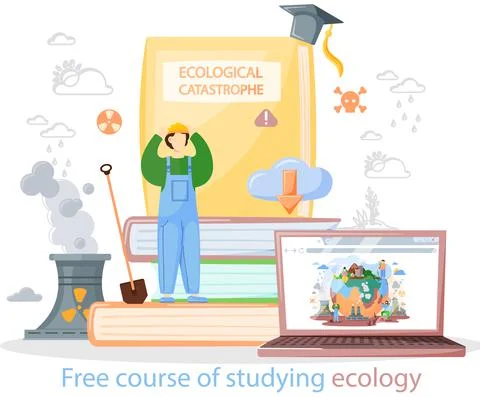 Free course of studying ecology vector banner. Ecologist scientist taking care Stockillustratie
