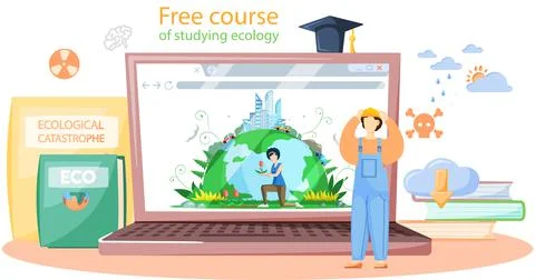 Free course of studying ecology vector banner. Ecologist scientist taking care Stockillustratie