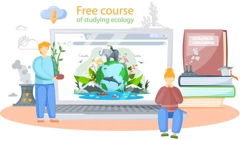 Free course of studying ecology vector banner. Ecologist scientist taking care Ilustración de archivo