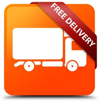 Free delivery orange square button red ribbon in corner Stock Illustration