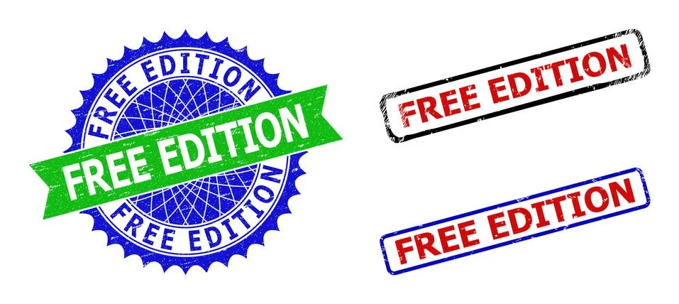 FREE EDITION Rosette and Rectangle Bicolor Stamp Seals with Scratched Textures Stock Illustration