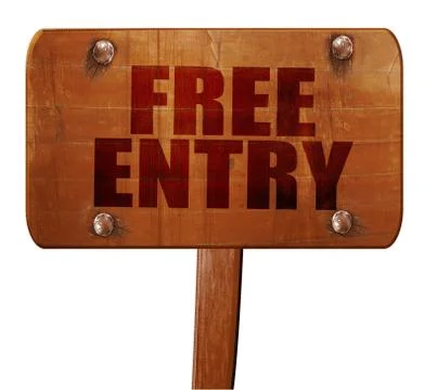 Free entry, 3D rendering, text on wooden sign Stock Illustration