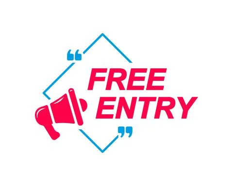 Free Entry labels. Speech bubbles with megaphone icon. Advertising and marketing Stock Illustration