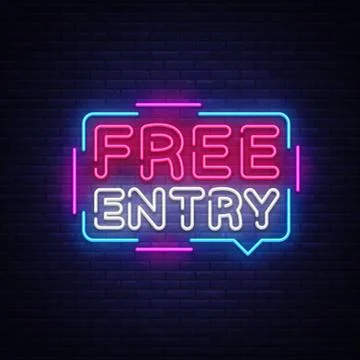 Free Entry neon text vector design template. Free admission signboard neon Stock Illustration