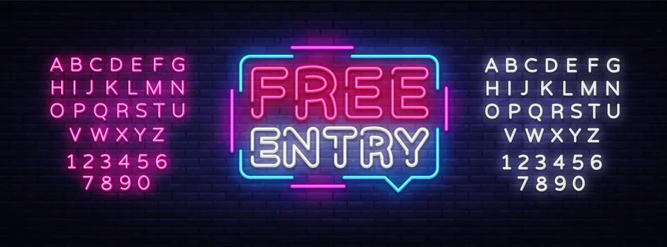 Free Entry neon text vector design template. Free admission signboard neon Stock Illustration