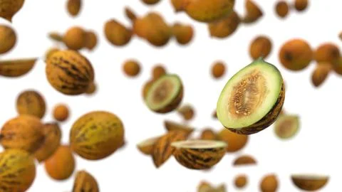 Free falling melons on white background. realistic 3d illustration Stock Illustration