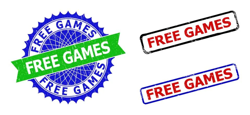 FREE GAMES Rosette and Rectangle Bicolor Badges with Corroded Textures Stock Illustration