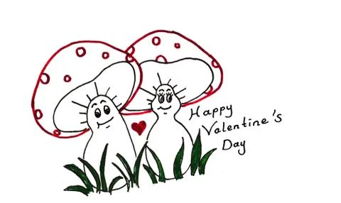 Free hand drawn lover mushrooms with hand written Happy Valentine's Day text. Stock Illustration