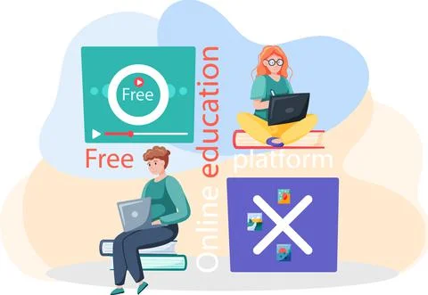 Free lecture, students study by webinar training with video session, tutorial Stock Illustration