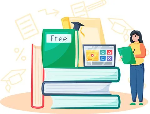 Free lecture, students study by webinar training with video session, tutorial Stock Illustration