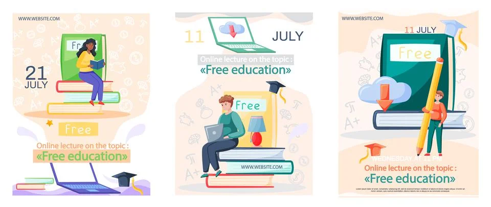 Free lecture, students study by webinar training with video session, tutorial Stock Illustration