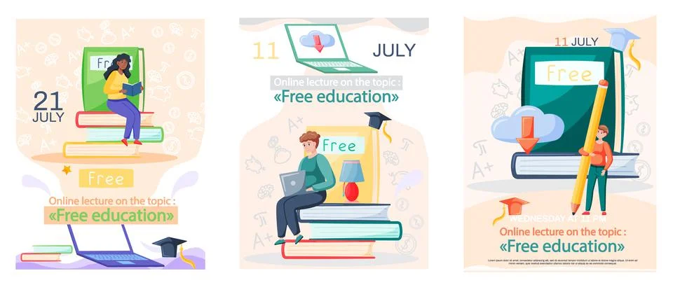 Free lecture, students study by webinar training with video session, tutorial Stock Illustration