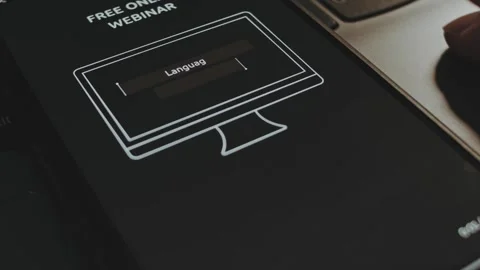 Free online webinar on Language learning topic. Advertising with computer model Stock Footage 270497257